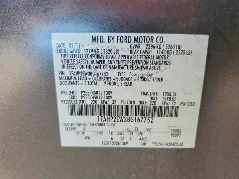 2011 FORD TAURUS SEL  