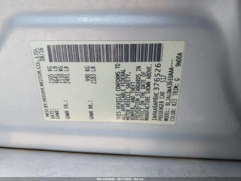 2017 NISSAN MAXIMA 3.5 S