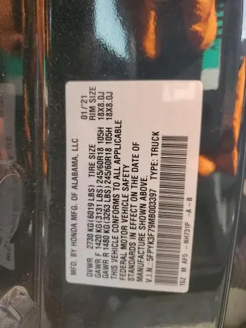 2021 HONDA RIDGELINE RTL  