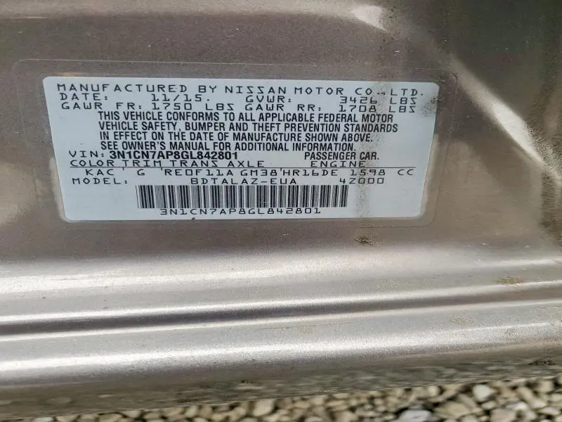 2016 NISSAN VERSA 1.6 S PLUS  