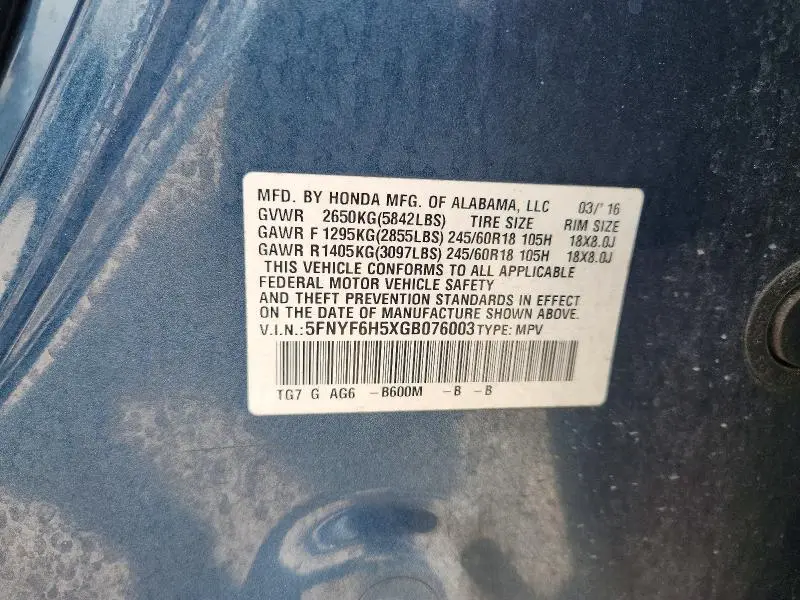 2016 HONDA PILOT EXL  