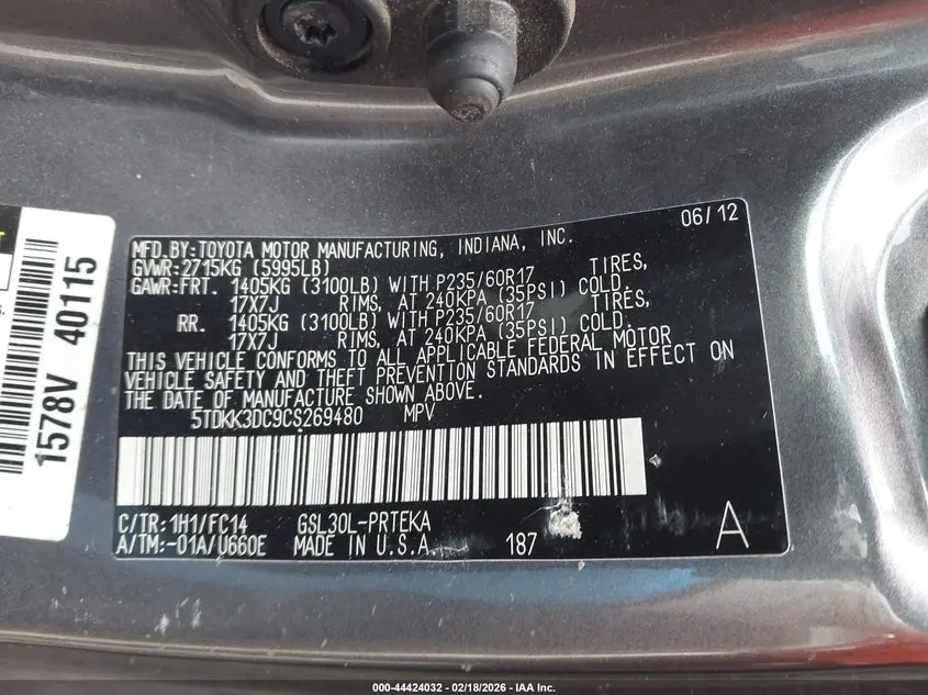 2012 TOYOTA SIENNA LE V6 8 PASSENGER