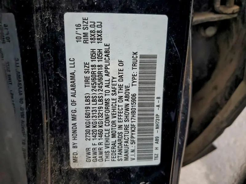 2017 HONDA RIDGELINE SPORT  