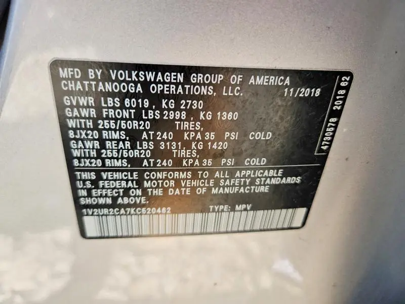 2019 VOLKSWAGEN ATLAS SE  