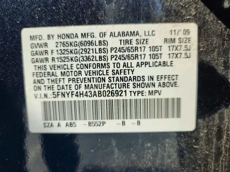 2010 HONDA PILOT EX  