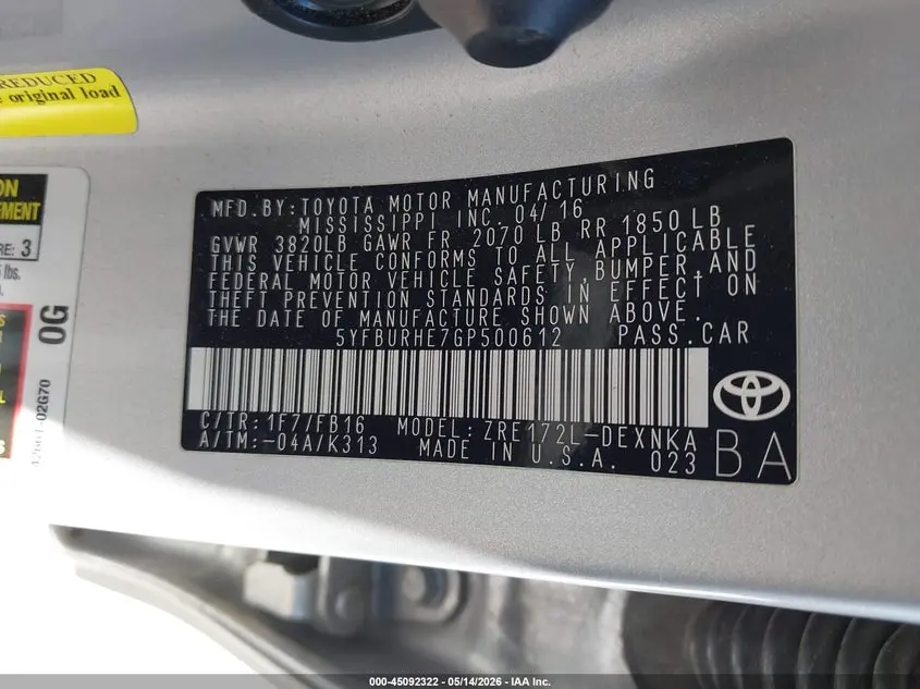 2016 TOYOTA COROLLA LE