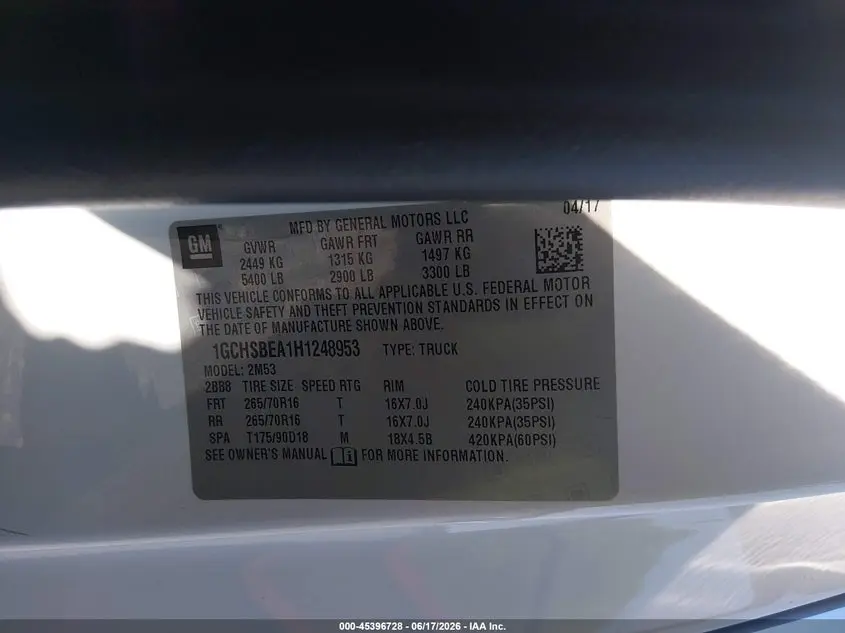 2017 CHEVROLET COLORADO 2WD WT