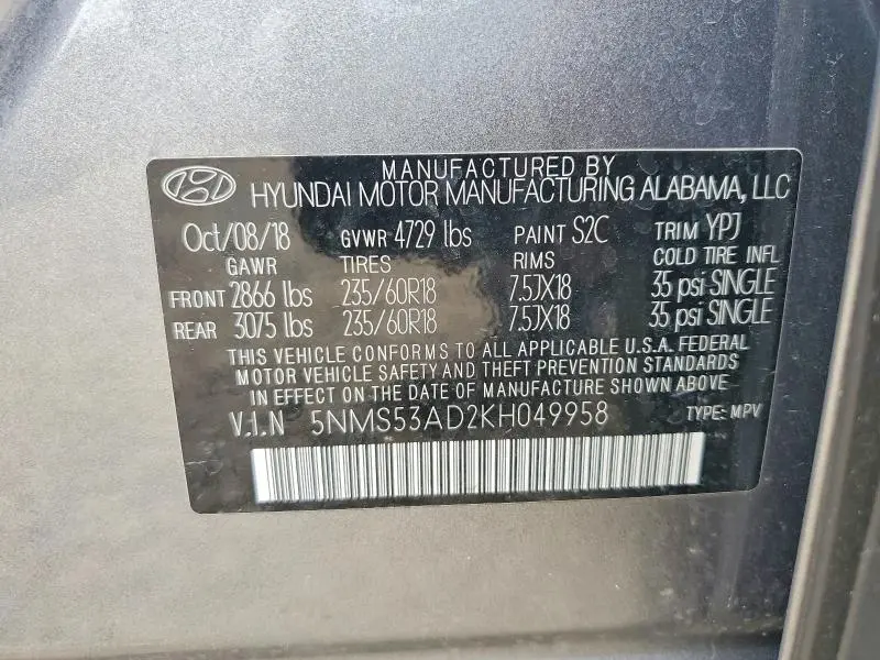 2019 HYUNDAI SANTA FE LIMITED 2.4L  