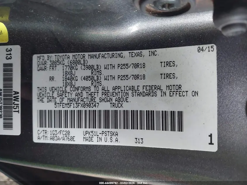 2015 TOYOTA TUNDRA SR5 4.6L V8