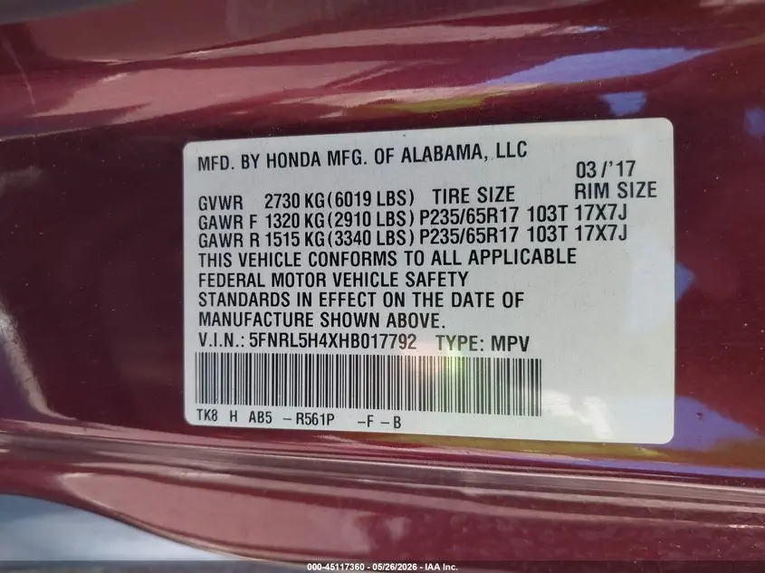 2017 HONDA ODYSSEY EX