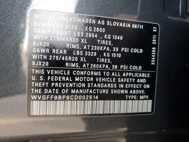 2012 VOLKSWAGEN TOUAREG V6  