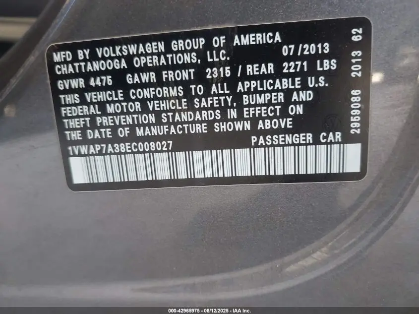 2014 VOLKSWAGEN PASSAT 2.5L S
