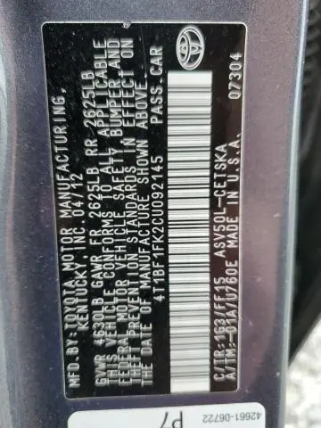 2012 TOYOTA CAMRY BASE  