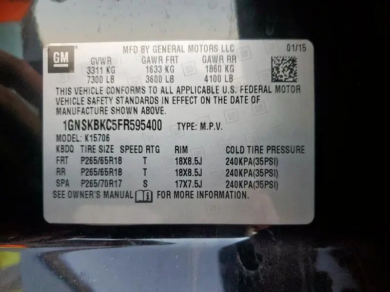 2015 CHEVROLET TAHOE K1500 LT  