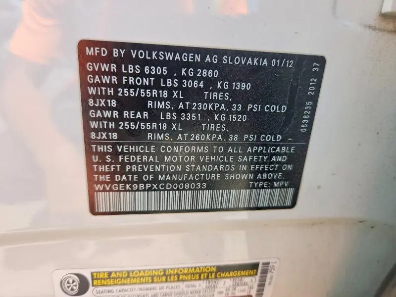 2012 VOLKSWAGEN TOUAREG V6 TDI  