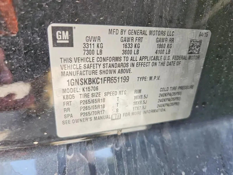 2015 CHEVROLET TAHOE K1500 LT  