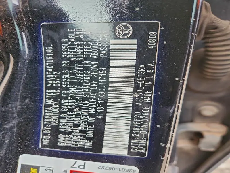 2012 TOYOTA CAMRY BASE  