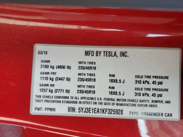 2019 TESLA MODEL 3