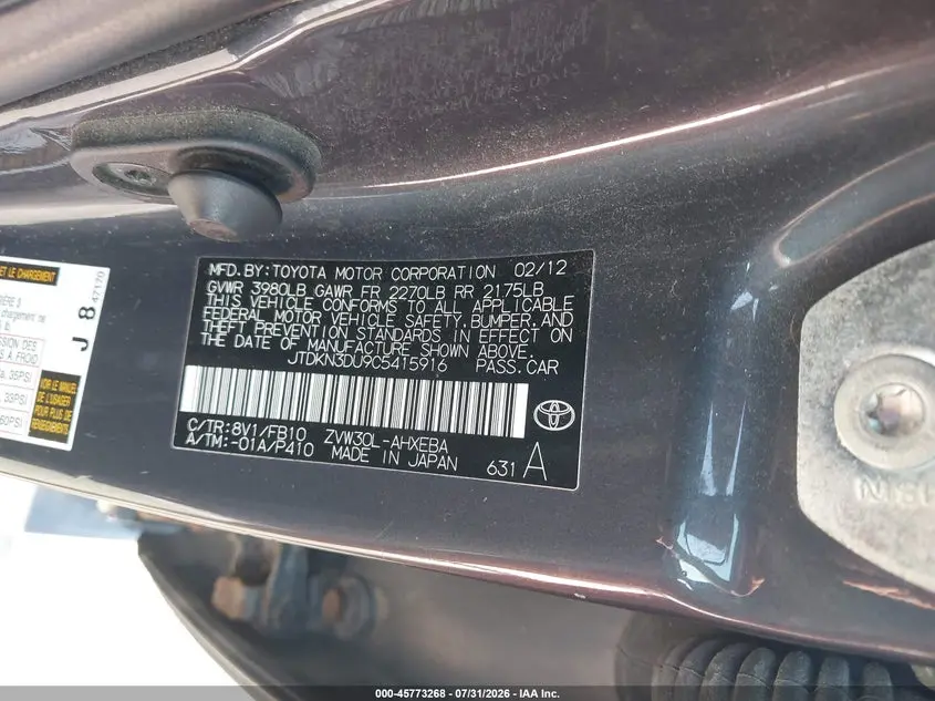 2012 TOYOTA PRIUS TWO