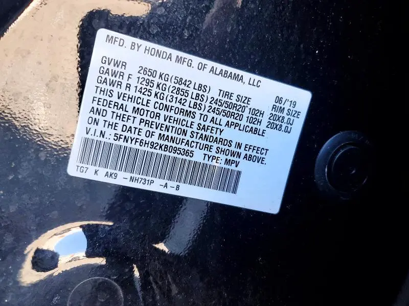 2019 HONDA PILOT TOURING  