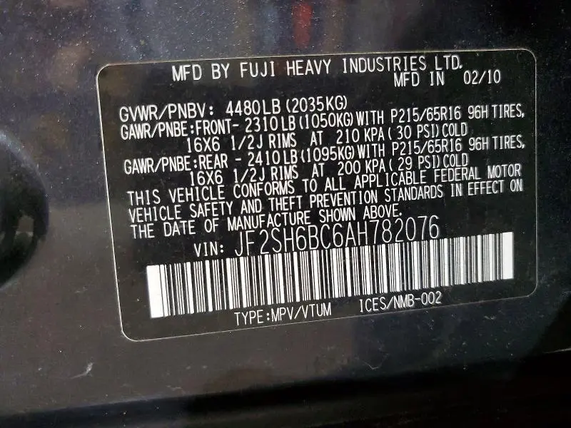 2010 SUBARU FORESTER XS  