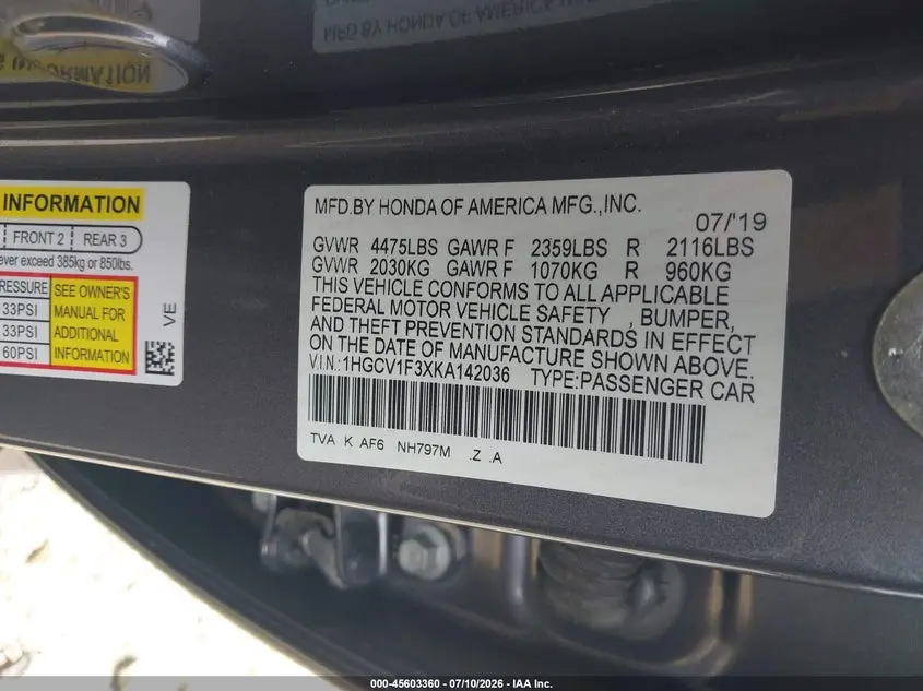 2019 HONDA ACCORD SPORT