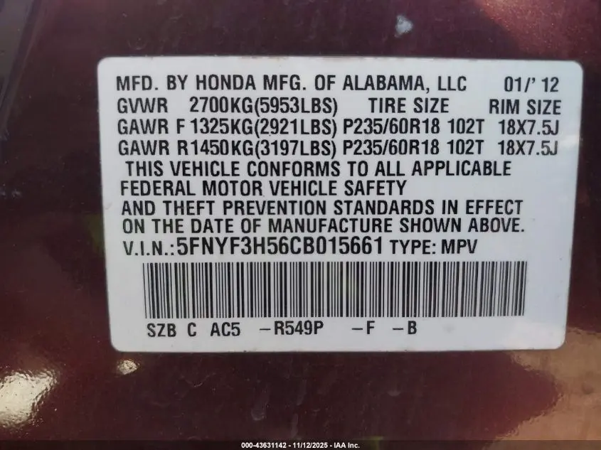 2012 HONDA PILOT EX-L