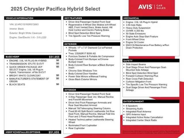 2025 CHRYSLER PACIFICA HYBRID SELECT  