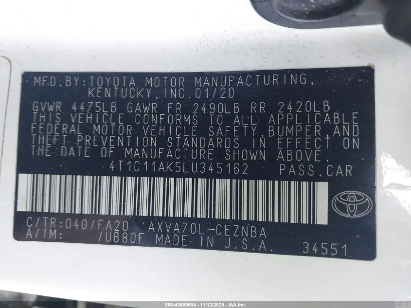 2020 TOYOTA CAMRY LE