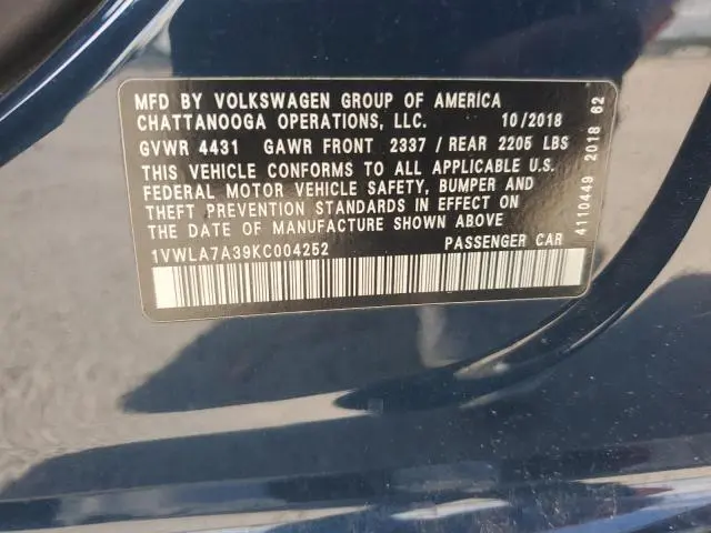 2019 VOLKSWAGEN PASSAT WOLFSBURG  