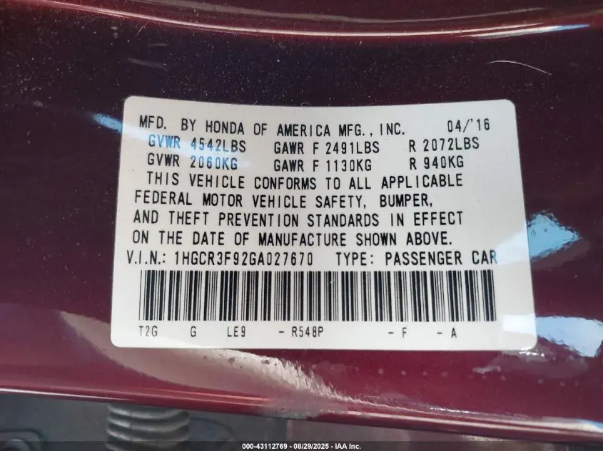 2016 HONDA ACCORD TOURING