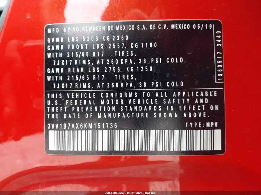 2019 VOLKSWAGEN TIGUAN 2.0T S