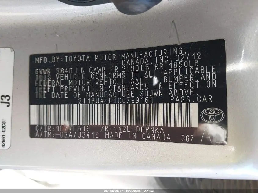 2012 TOYOTA COROLLA LE