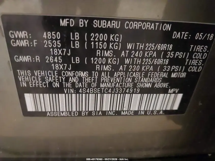2018 SUBARU OUTBACK 3.6R TOURING