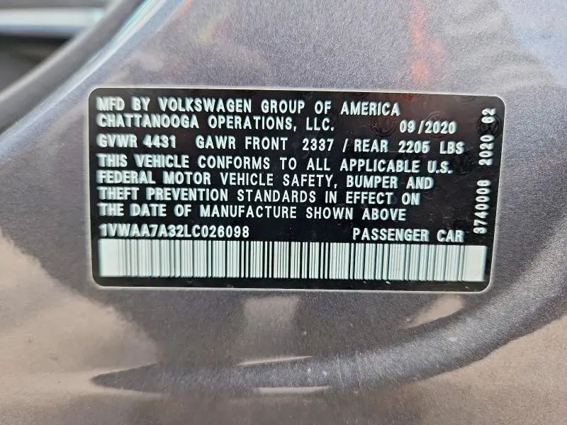 2020 VOLKSWAGEN PASSAT S  