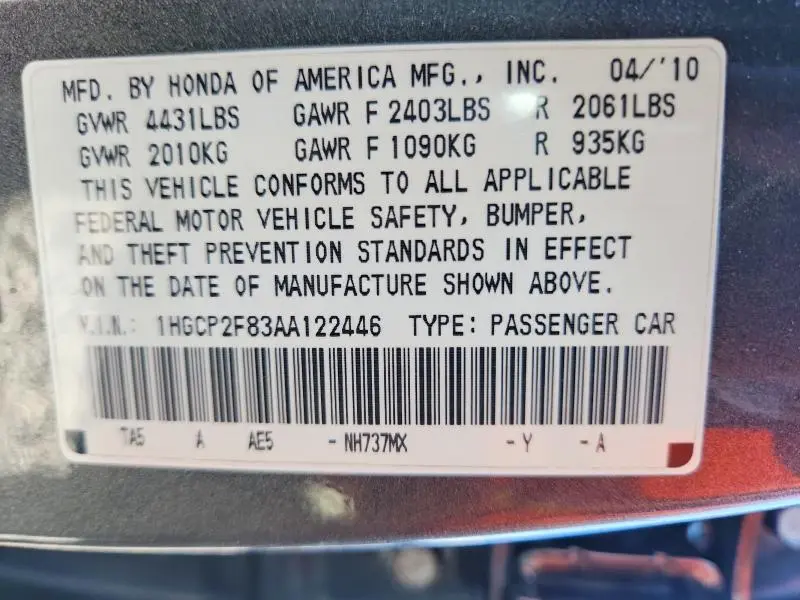 2010 HONDA ACCORD EXL  