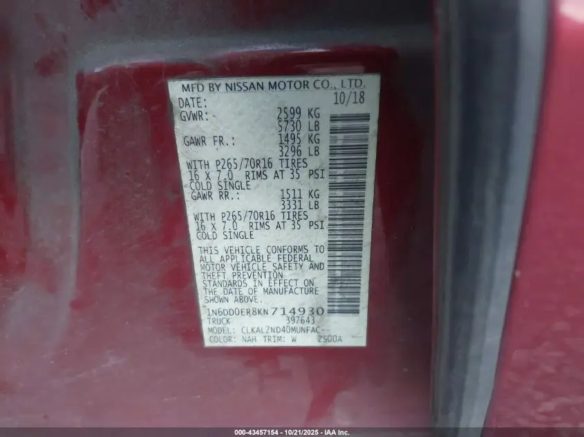 2019 NISSAN FRONTIER SV