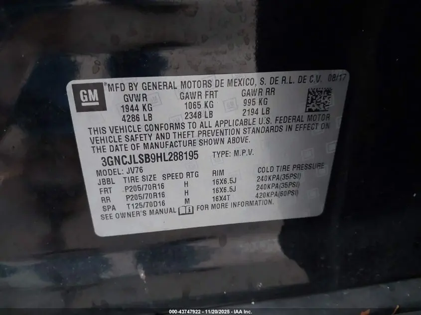 2017 CHEVROLET TRAX LT