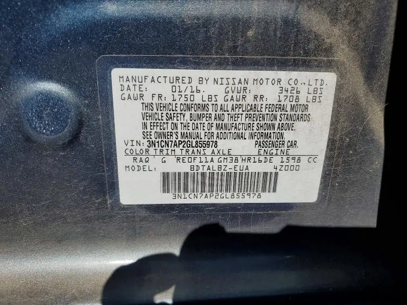 2016 NISSAN VERSA 1.6 SV  