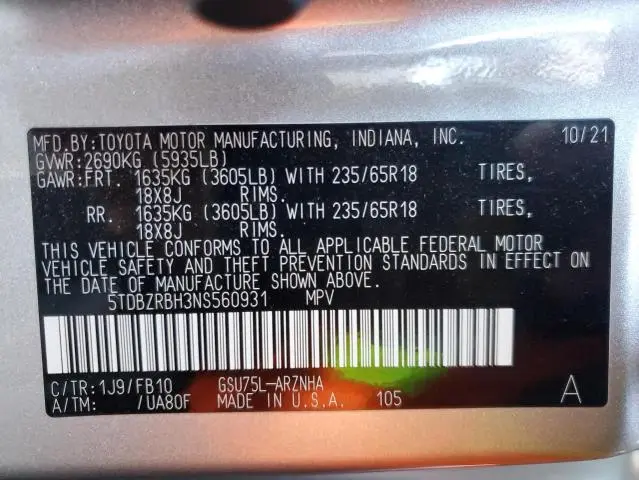 2022 TOYOTA HIGHLANDER L  