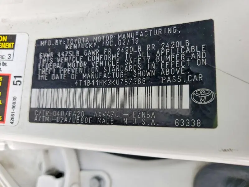 2019 TOYOTA CAMRY LE  