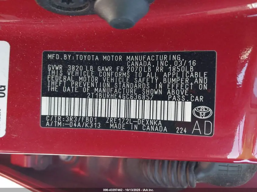 2016 TOYOTA COROLLA LE