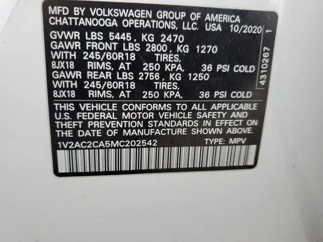 2021 VOLKSWAGEN ATLAS CROSS SPORT S  