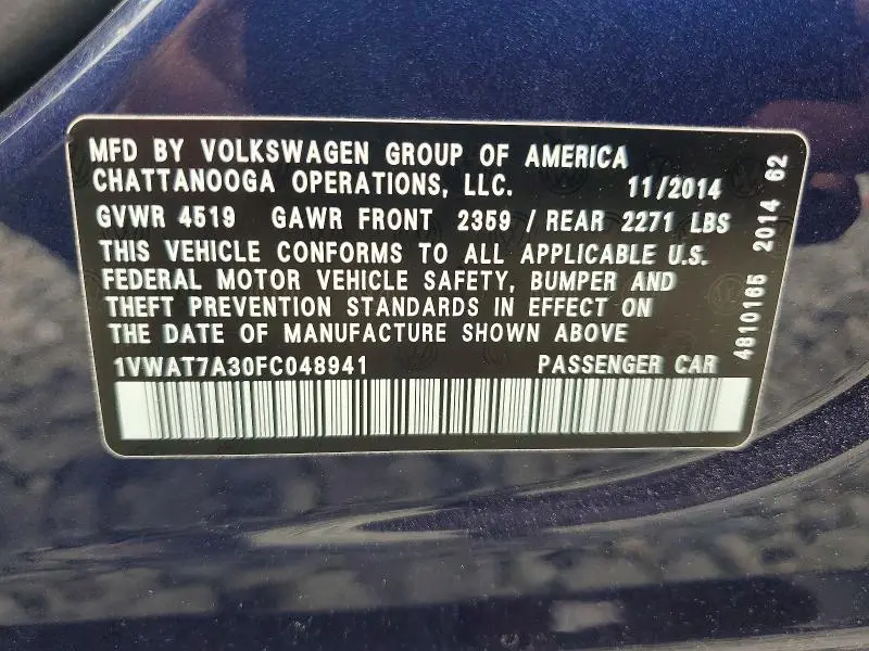 2015 VOLKSWAGEN PASSAT S  