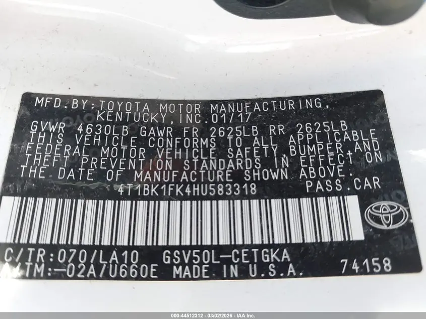 2017 TOYOTA CAMRY XLE V6
