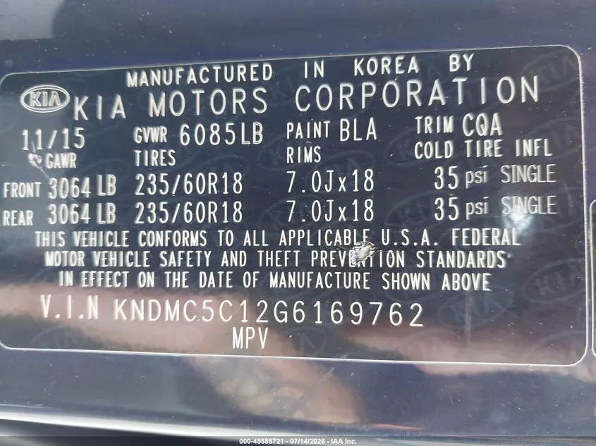 2016 KIA SEDONA SX