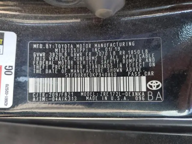 2019 TOYOTA COROLLA L  