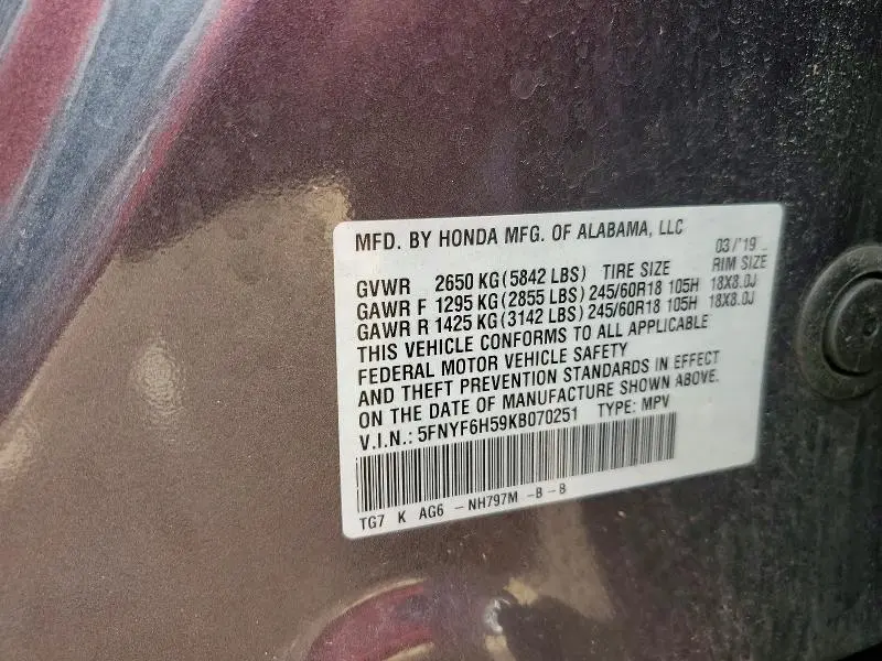 2019 HONDA PILOT EXL  