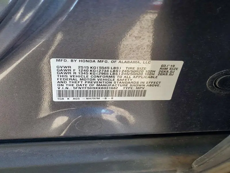 2019 HONDA PILOT TOURING  