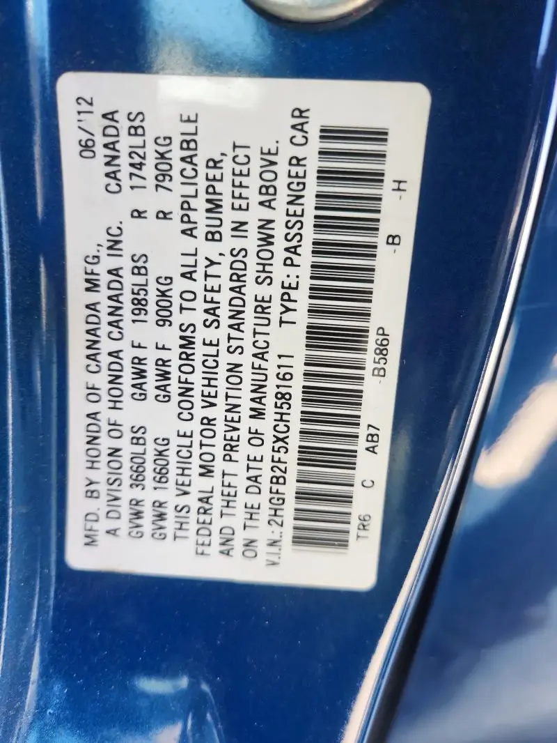 2012 HONDA CIVIC LX  